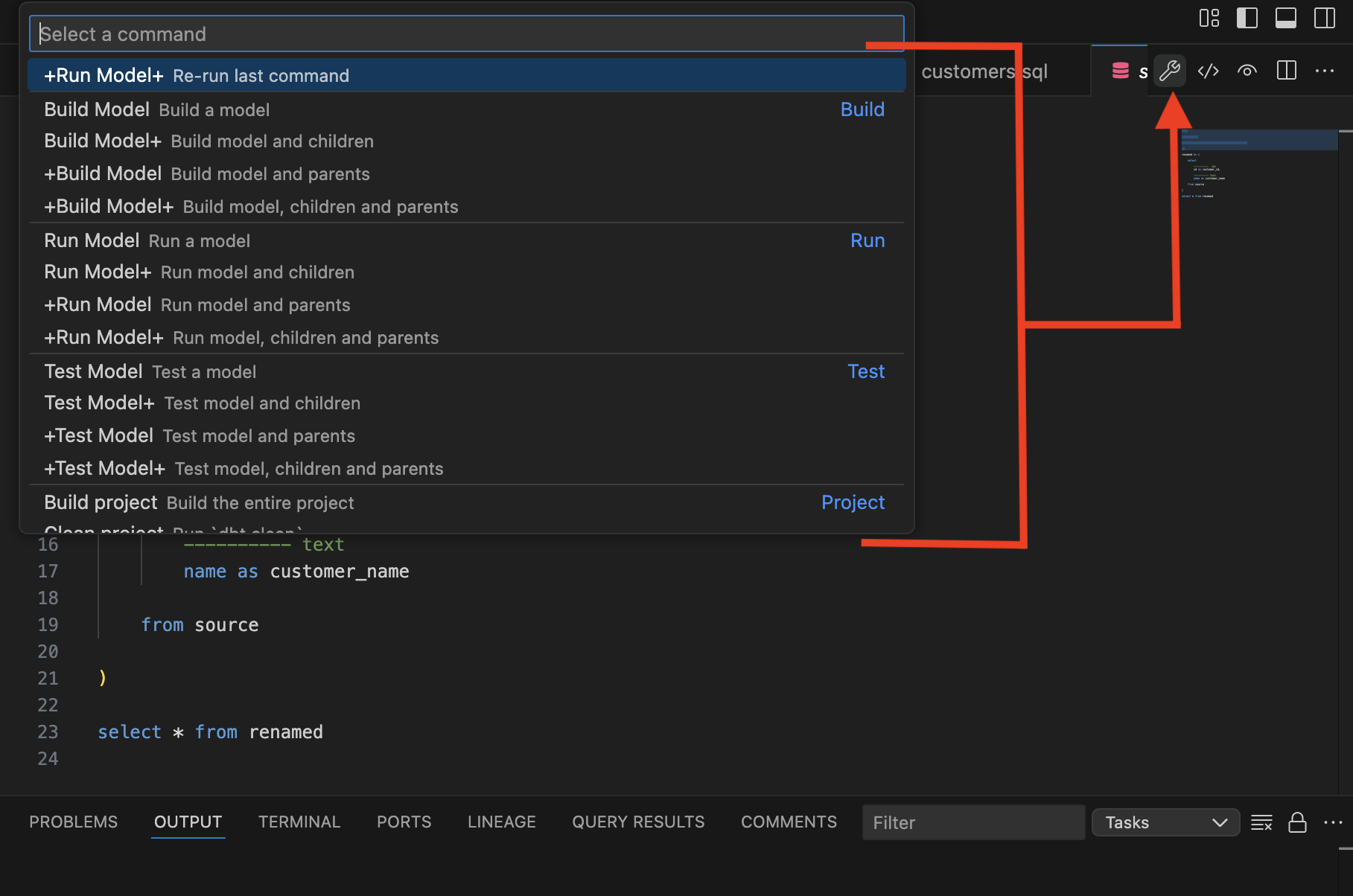 Select a command via the dbt icon.